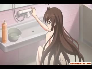 Kaal youth anime standing geneukt een rondborstig studente in de badkamer